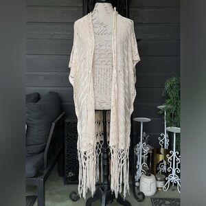 Kori America Crochet Open Front Fringe Duster Cardigan NWT Size S/M